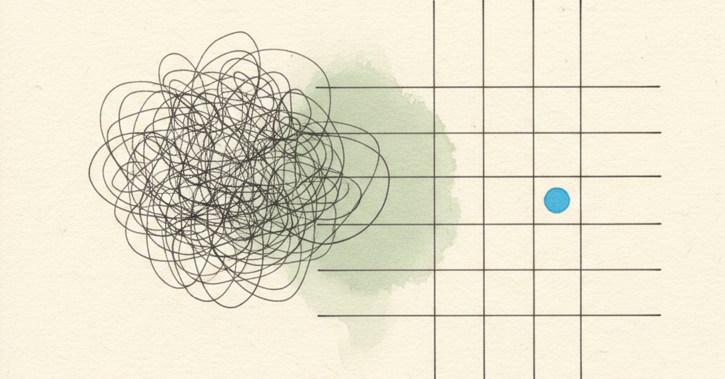 Abstract charcoal ink drawing on cream paper. A complex knot of lines untangles into a simple, clear grid with green and blue details.