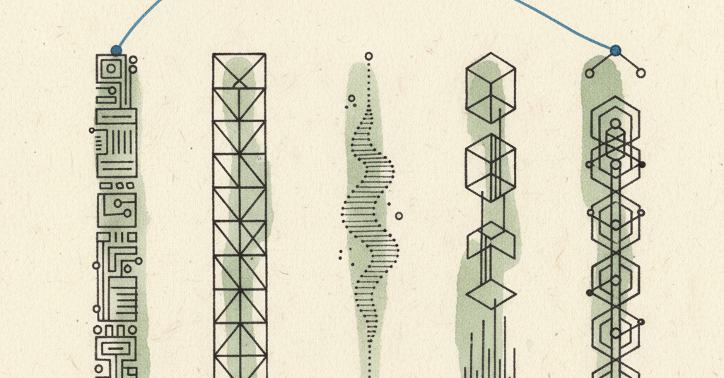 Abstract editorial illustration with five charcoal forms on a cream background, with green details and a blue line connecting them.