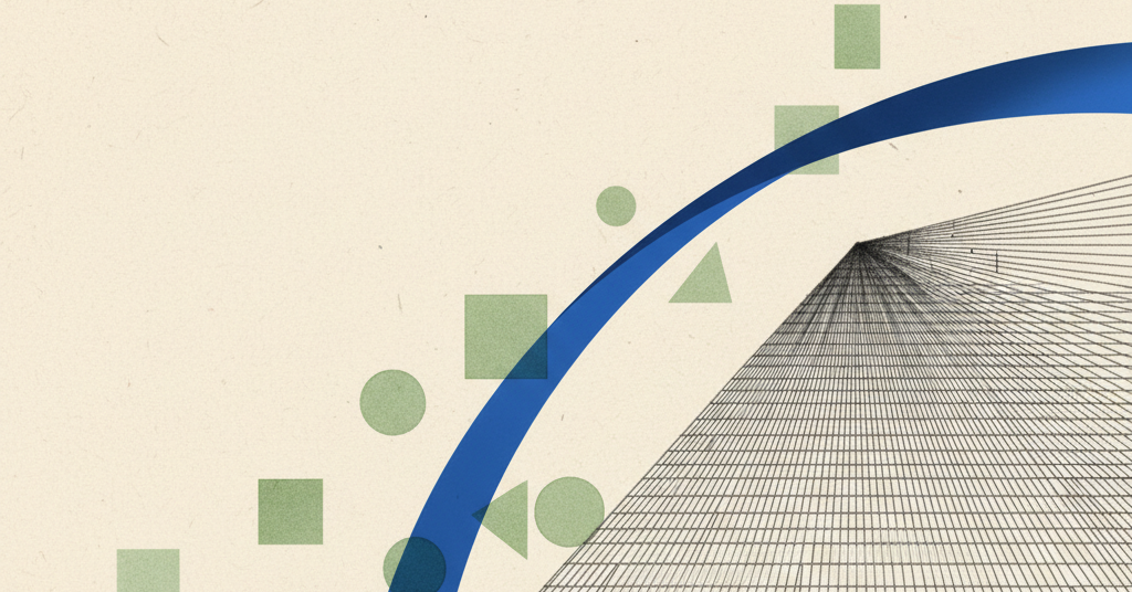 Abstract artwork with a fine charcoal grid on the right, and a bright blue line curving into an open space with green shapes.
