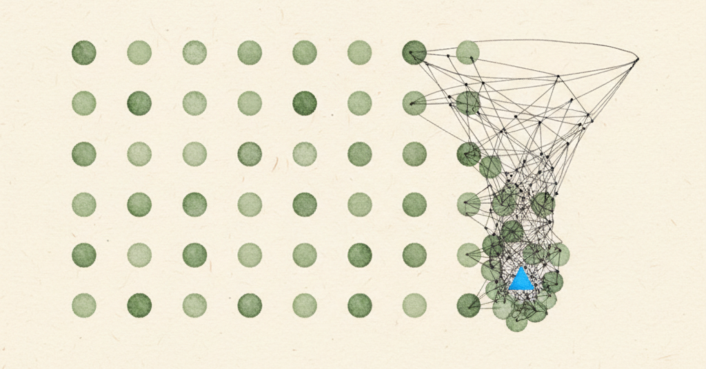 Abstract image showing a wide grid of green dots on the left, which funnel into a single, dense charcoal node with a blue accent.