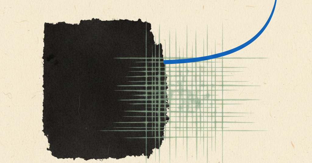 Abstract image of a large charcoal block pushing against a delicate green grid, from which a single bright blue curve emerges.