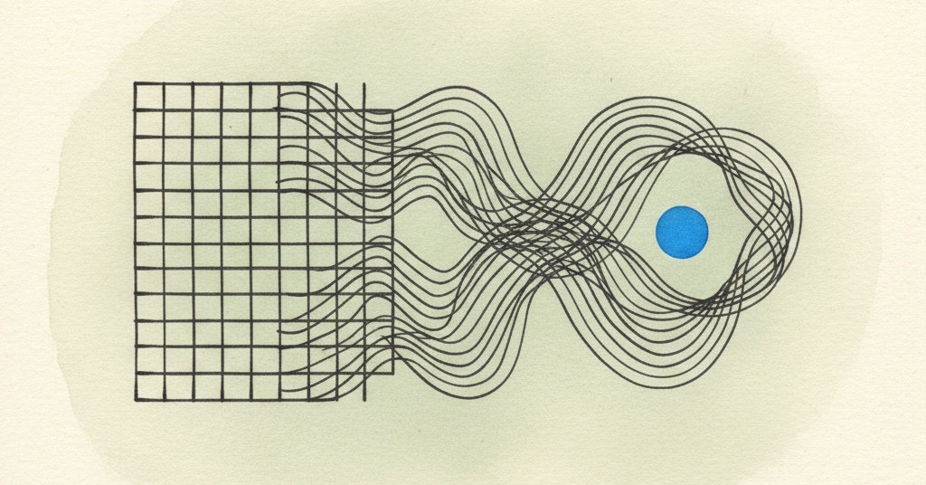 Abstract drawing on cream paper. A charcoal grid of lines on the left converges into a single shape on the right with a blue accent.