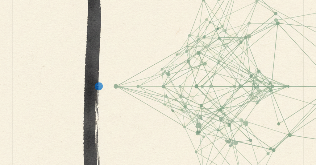 Abstract composition contrasting a single, straight charcoal line with a complex, branching web of muted green lines on cream paper.