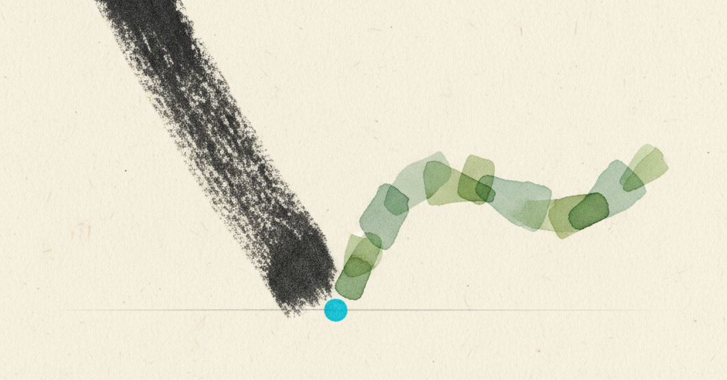 Abstract charcoal and green shapes on a cream background, illustrating a cost being recovered over time with a blue accent mark.