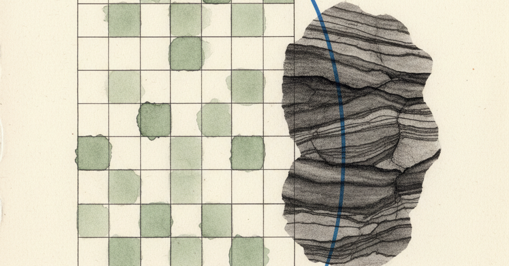 Abstract charcoal ink drawing on cream paper. A wide grid structure and a dense, layered shape are intersected by a single blue curve.