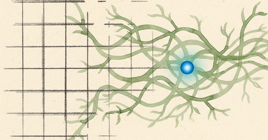 An abstract image where a structured grid of charcoal lines evolves into a branching green network with one blue accent point.