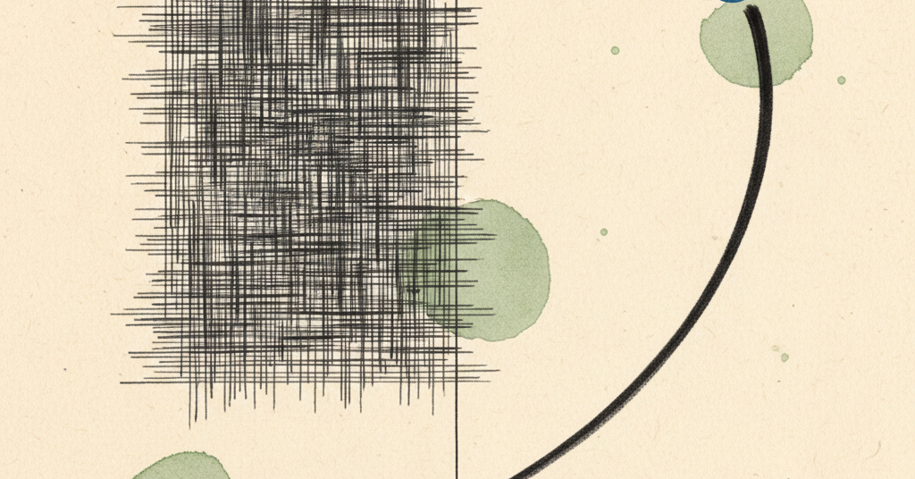 Abstract split composition on cream paper. The left side has a dense grid of charcoal lines; the right has a single, bold curve.