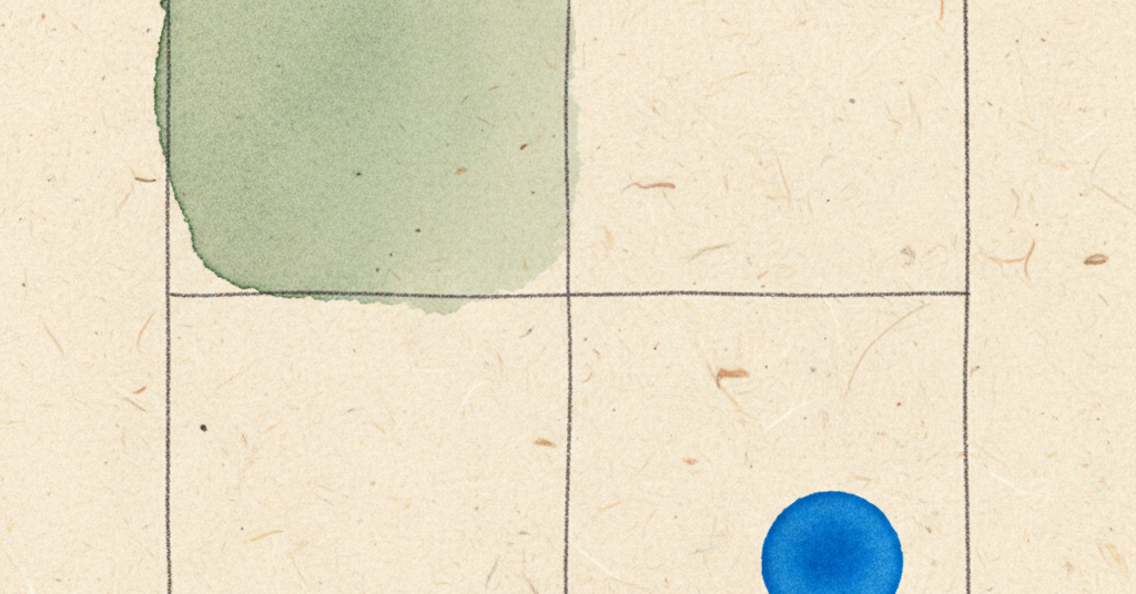 Abstract charcoal ink drawing of a 2x2 grid on cream paper, with a muted green wash and a single bright blue dot.