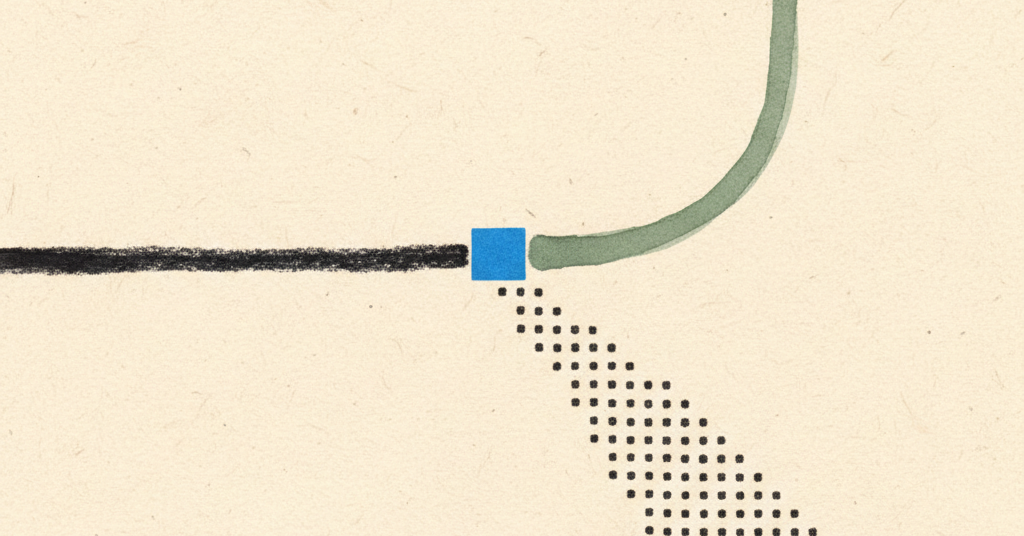 Abstract image showing a single line splitting into two paths: one a solid green curve, the other a grid of dots.