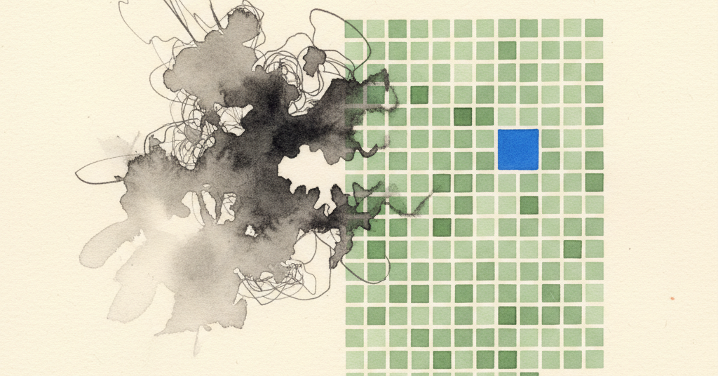 Abstract drawing on cream paper. A large charcoal ink wash on the left resolves into a tidy grid of muted green and blue squares.