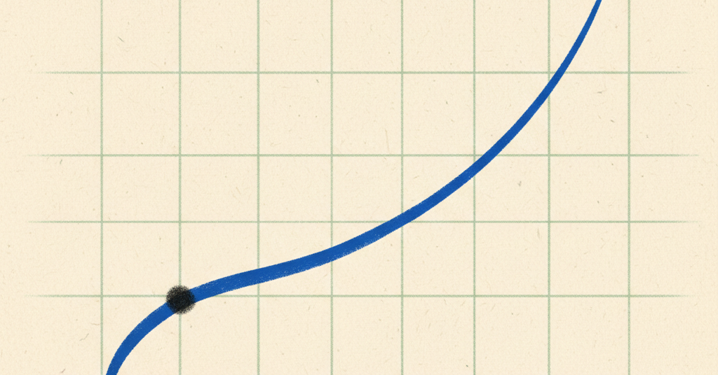 Abstract illustration of a faint green grid on cream paper, with a few dark dots and a single blue line curving upwards.