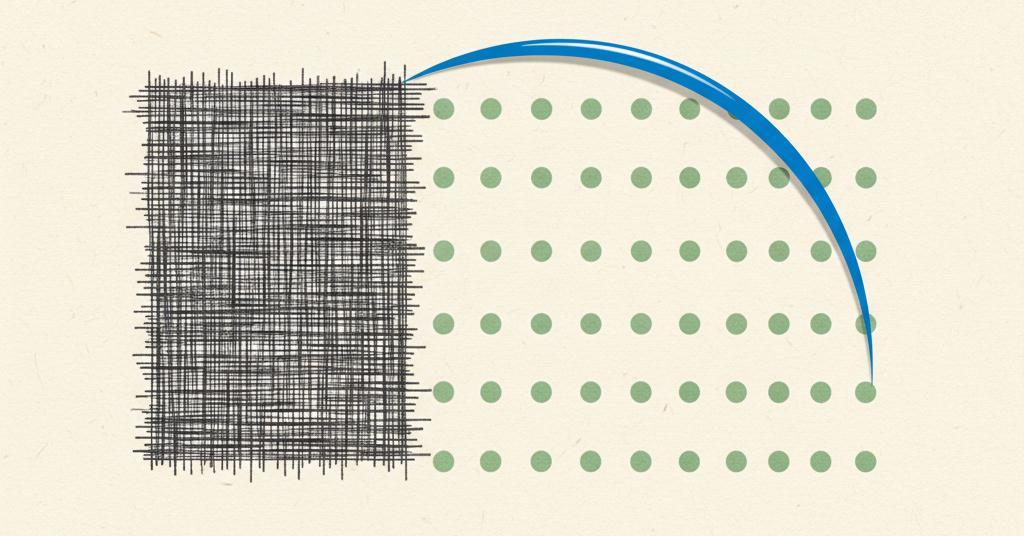 Abstract composition with a dense charcoal grid on one side and sparse green dots on the other, linked by a blue arc.