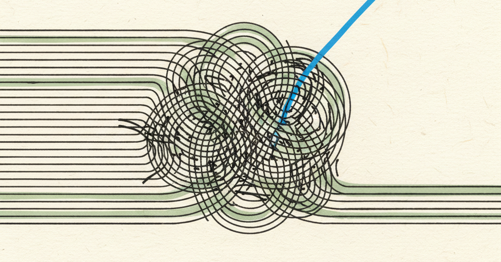 Abstract illustration showing parallel lines in charcoal and green converging into a bottleneck, with a single blue line breaking free.