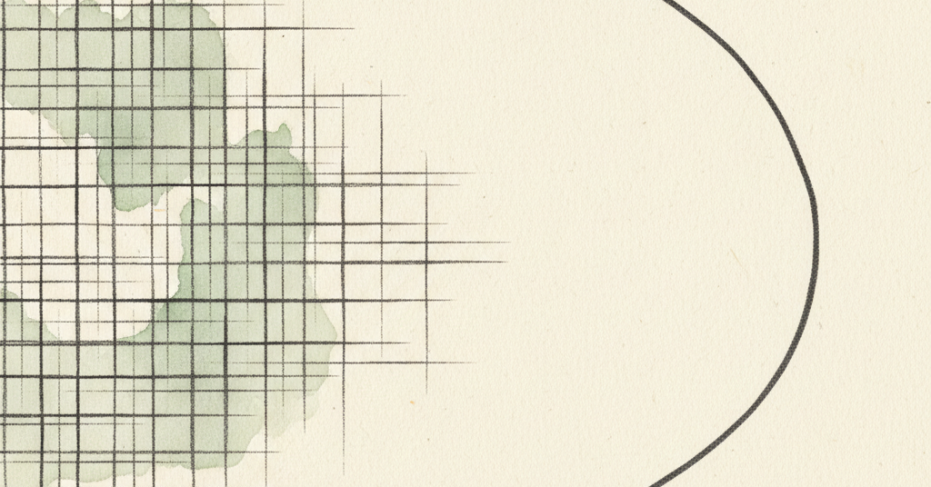 Abstract charcoal ink drawing on cream paper. A complex, layered grid with green sits opposite a simple, flowing blue-accented curve.