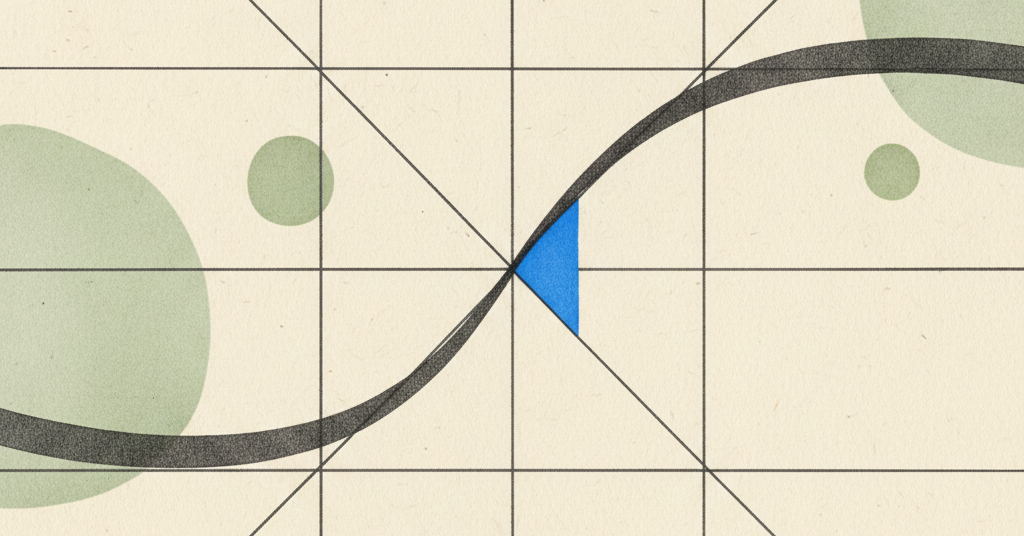Abstract composition of black ink lines and grids on cream paper, with soft green shapes and a single bright blue accent mark.
