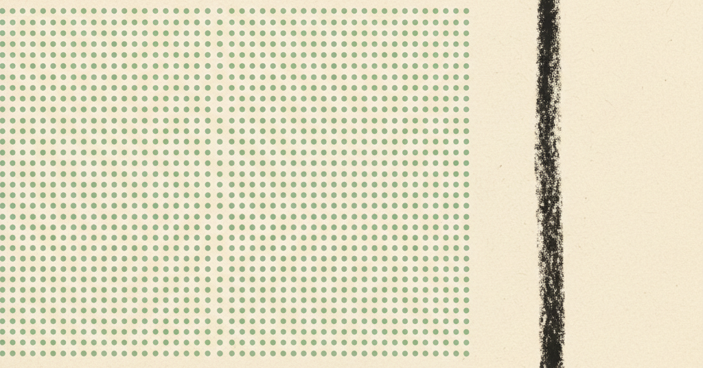 Abstract art on cream paper. A scattering of green dots on the left contrasts a bold charcoal line with a blue tip on the right.
