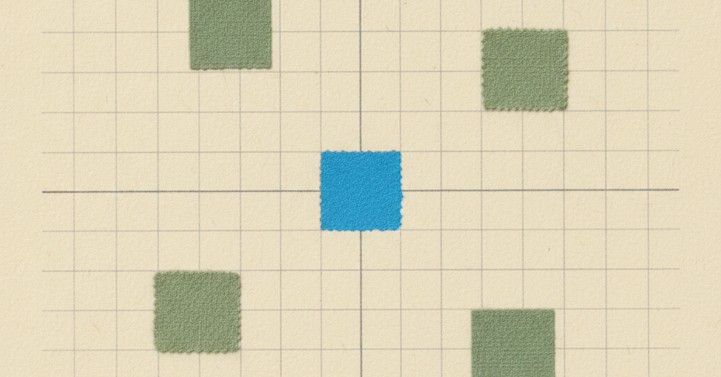 Abstract composition on a cream background with a charcoal grid. Small, textured squares of muted green and one of bright blue sit within it.
