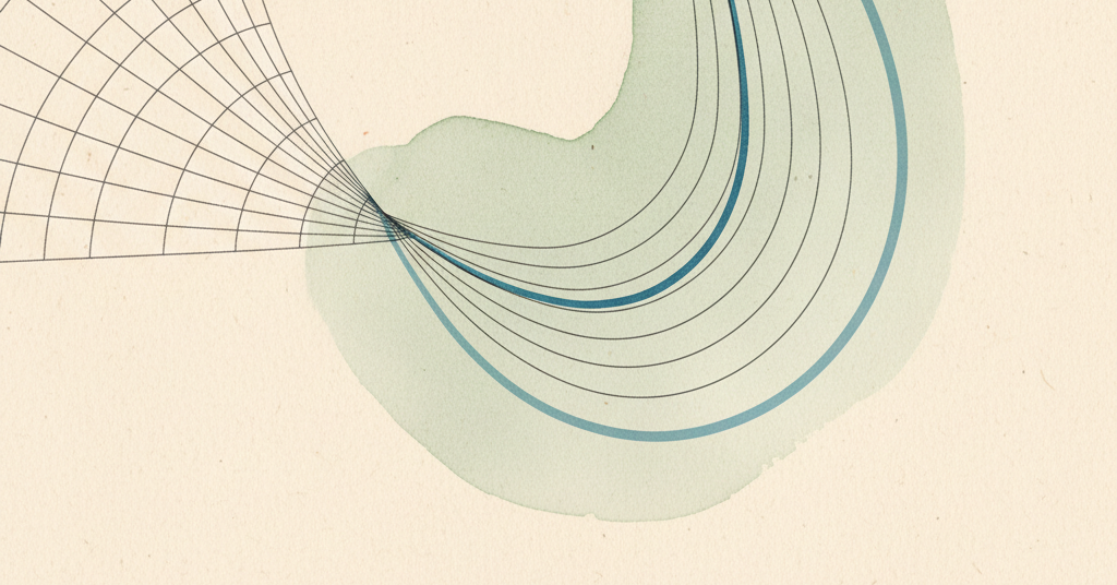 Abstract minimalist artwork with charcoal geometric lines, soft green washes, and a vibrant blue arc on cream paper.