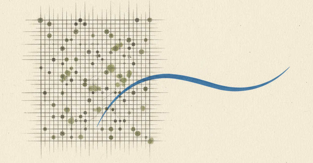 Abstract minimalist artwork showing two parallel paths. One is a detailed grid of charcoal and green lines; the other is a single, clean blue curve.