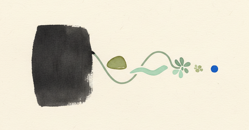 Abstract composition on cream paper. An isolated charcoal shape contrasts with a flowing path of interconnected soft green shapes.