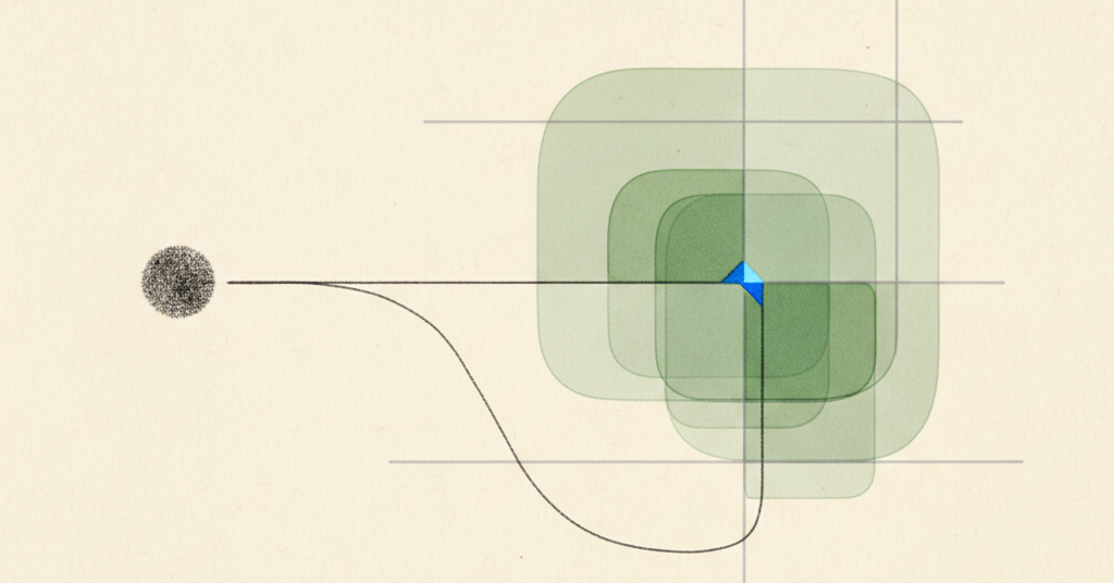Abstract composition of a single dot linked by a fine line to an intricate grid with muted green and a bright blue accent.