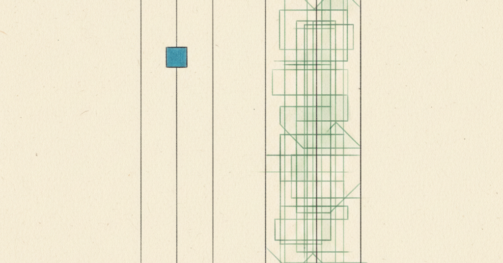Abstract illustration on cream paper. Two parallel charcoal line drawings, one with a blue accent, the other a muted green grid.