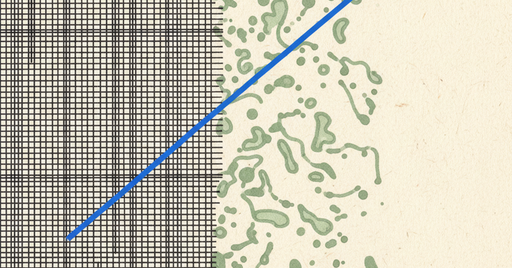 Abstract composition with a dense charcoal grid on the left and sparse green shapes on the right, connected by a single blue line.