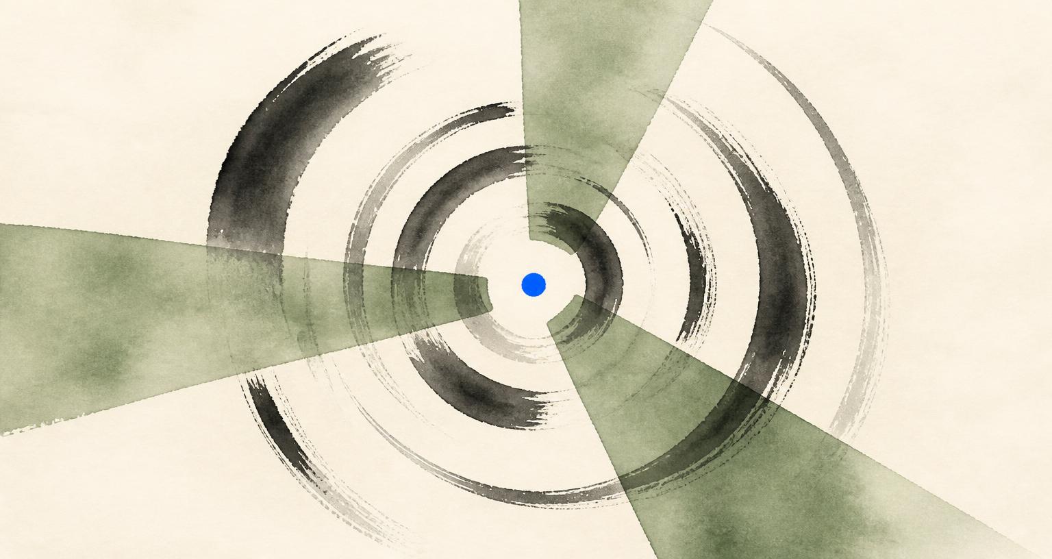 Concentric ink arcs radiating from a blue centre dot across sage-green panels