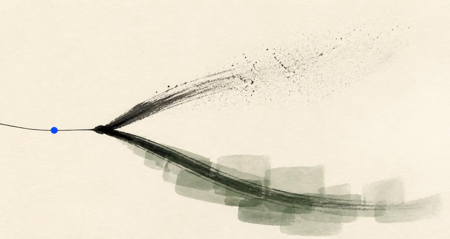 Two ink brush paths diverging from one point, one dissolving into speckles, on cream paper