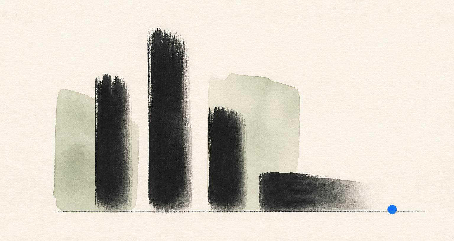 Four abstract ink bars, the last flattening into a plateau, on cream paper