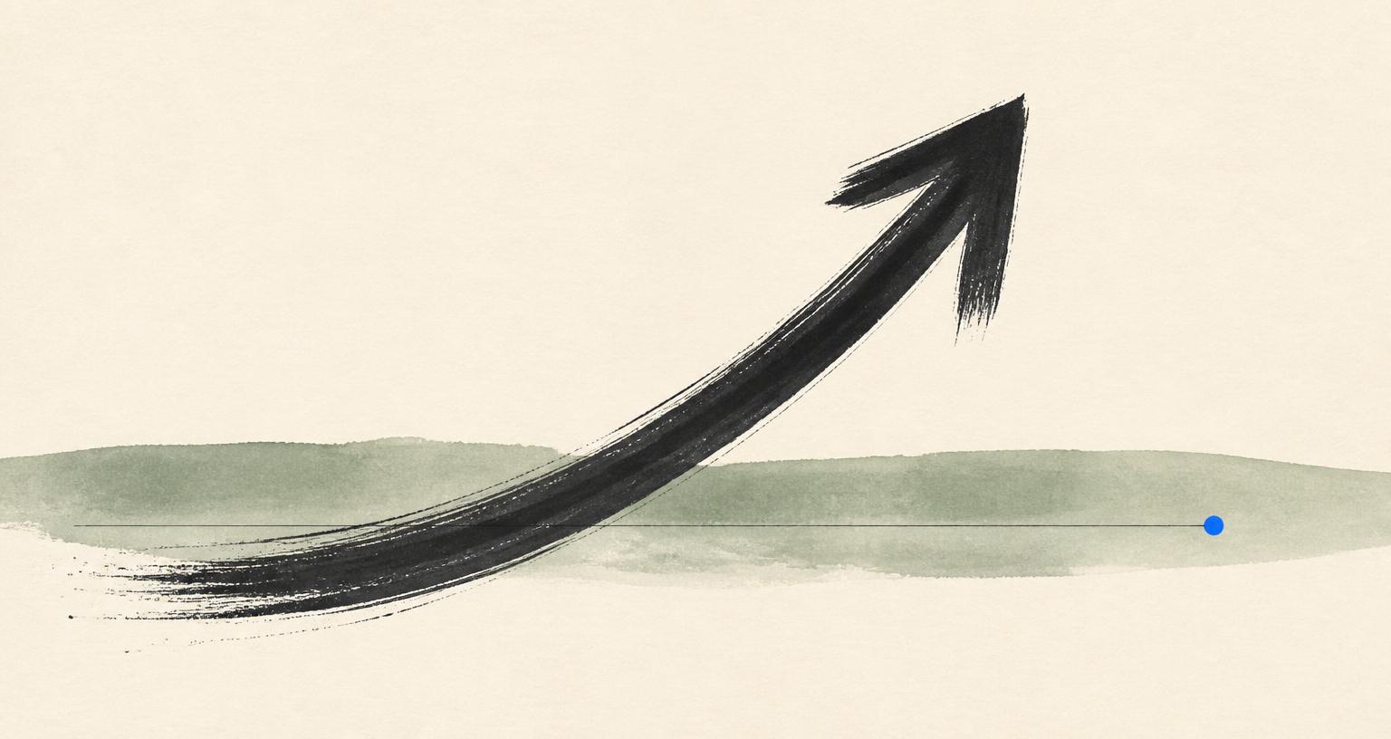 A steep ink brush arrow rising above a flat sage-green band on cream paper