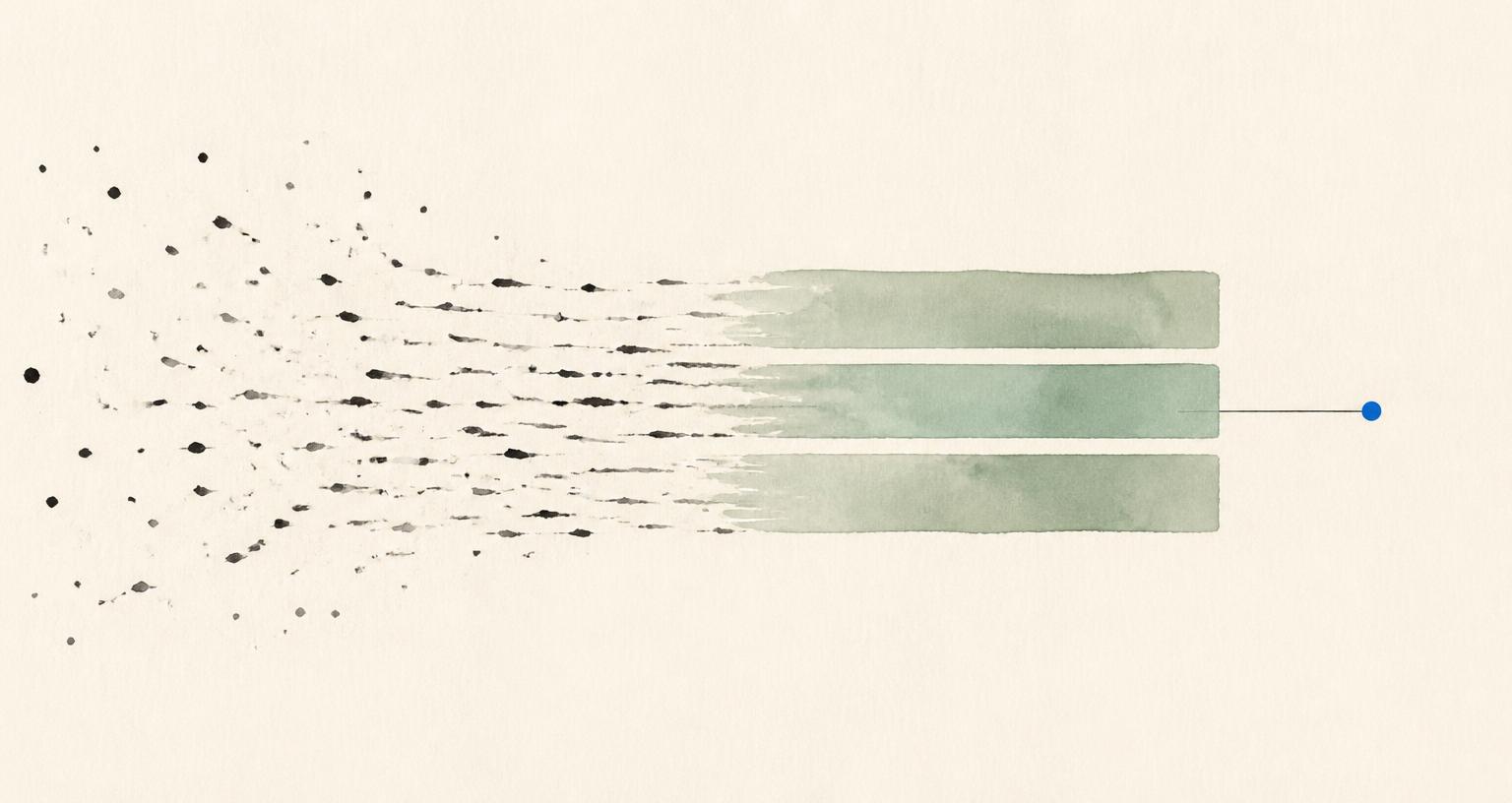 Scattered ink marks resolving into three ordered sage-green bars on cream paper