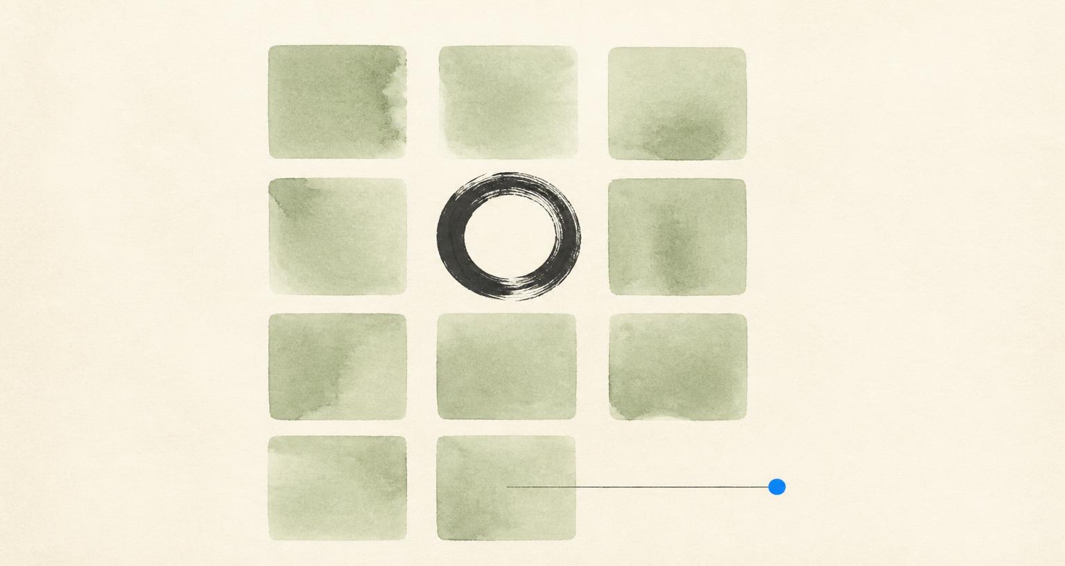 A grid of sage-green blocks with one replaced by an ink brush circle on cream paper