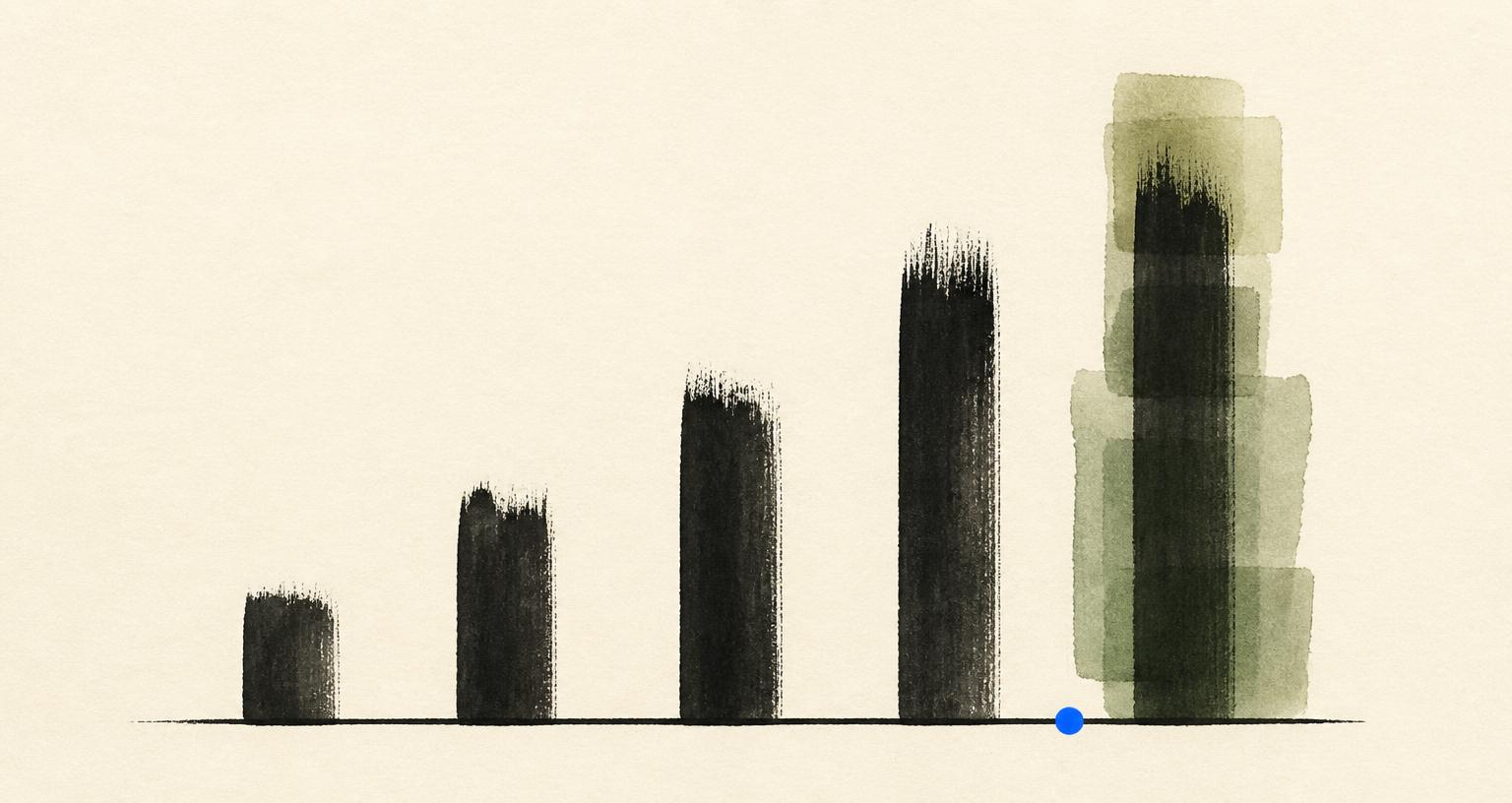 Abstract ink and sage-green bar chart rising across cream paper, with a single blue marker