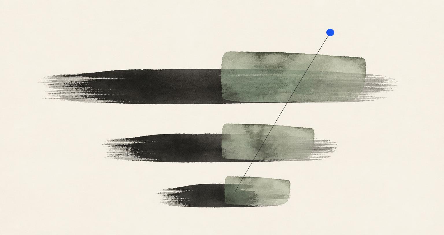 Three stacked ink brush bands stepping shorter, marked by a blue dot on cream paper